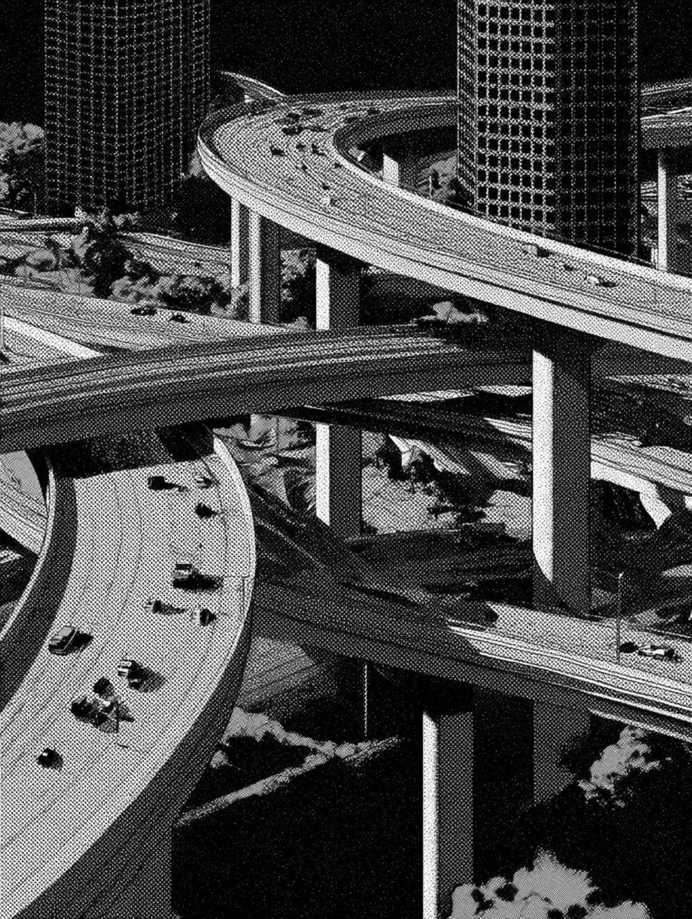 A stack of freeway interchange ramps curving over each other, downtown towers behind, drawn in high-contrast black-and-white halftone.