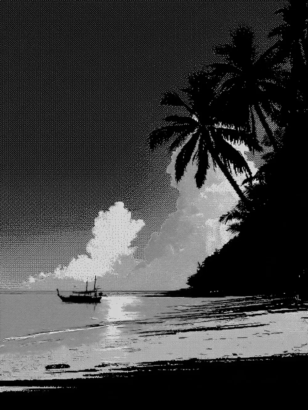A tropical bay at low light: a palm-covered headland, a long boat on flat water, tall clouds on the horizon.