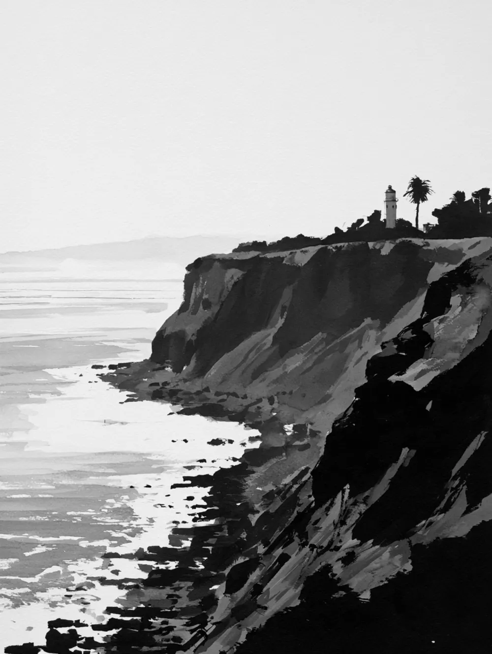 A high coastal bluff of layered rock above the sea, a small lighthouse on the headland, surf breaking along the rocks below.