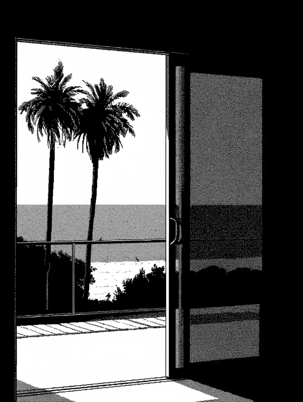 A dark interior with a door standing open onto bright daylight, two palms and the ocean beyond.